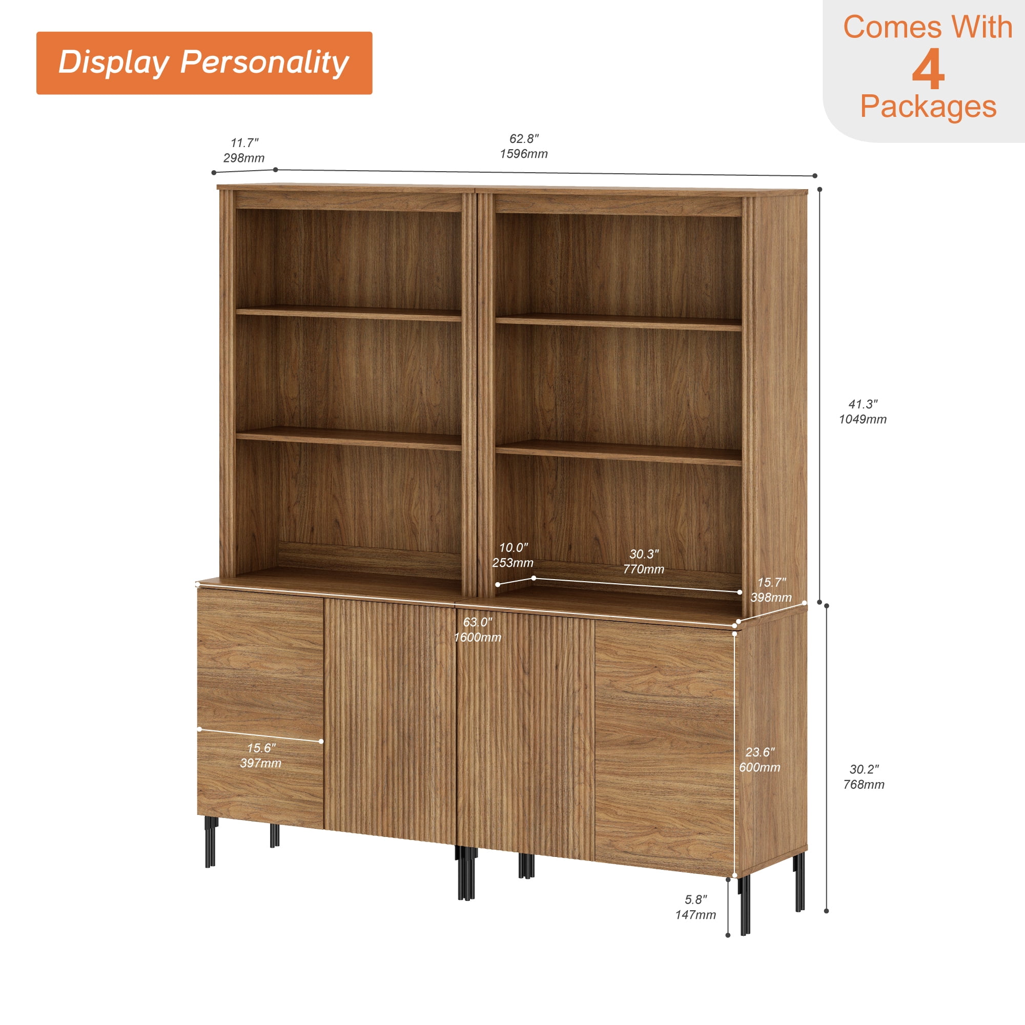 63"W Fluted Kitchen Hutch Sideboard with Adjustable Shelves, Wooden Modern Buffet Hutch Cabinet with 4 Doors And 10 Tier Shelves