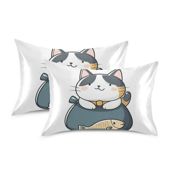 Yayeee Pillowcase Standard Size Set of 2 Satin Wrinkle Resistant Pillow Case, Blue Cute Cat