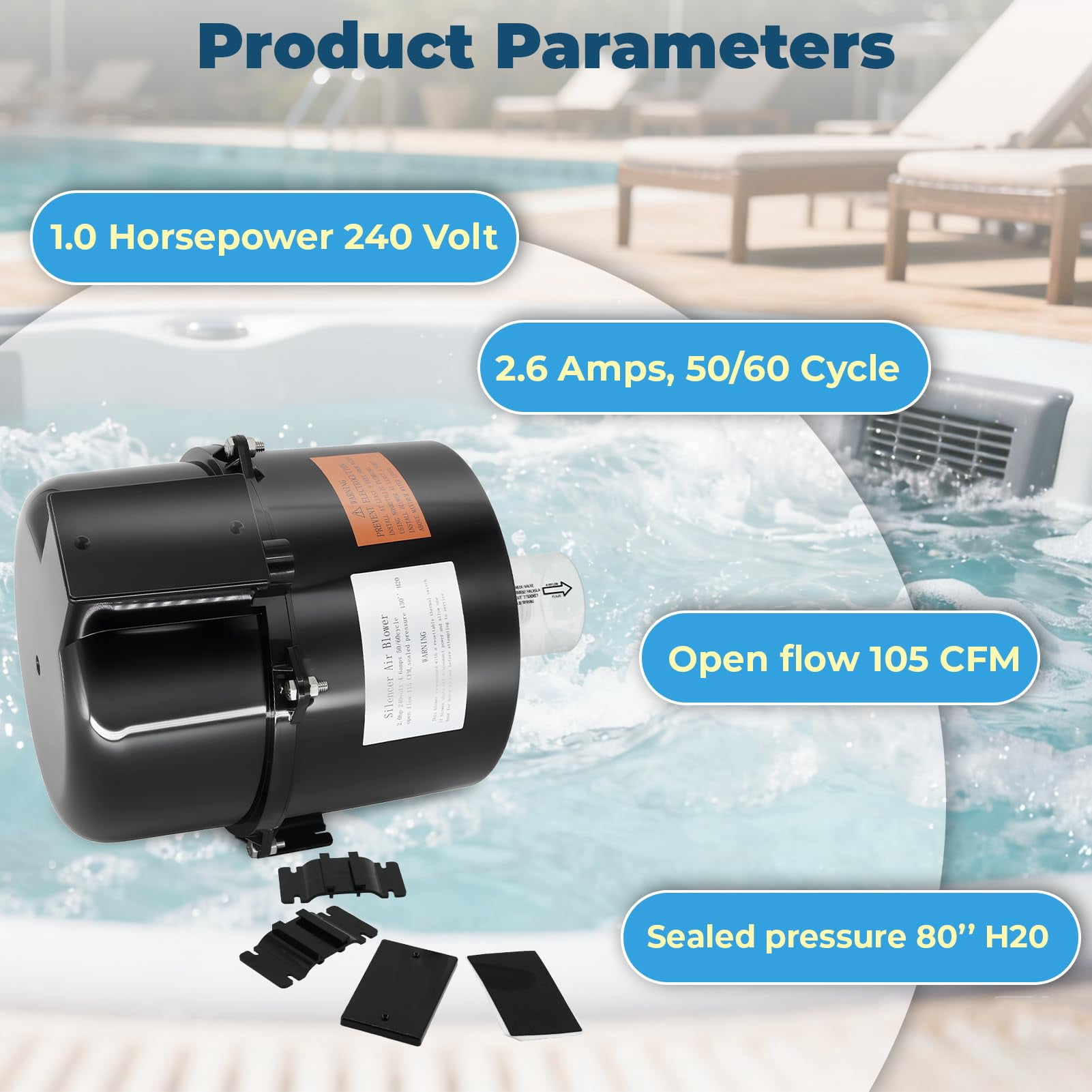 6310241 Silencer Spa Blower 1 HP 240 Volt 2.6 Amps Replacement for Air Supply, for use with 2 inch Plumbing, Quiet and Shock-Absorbing, Easy Installation, for Pool Hot Tub & Spa