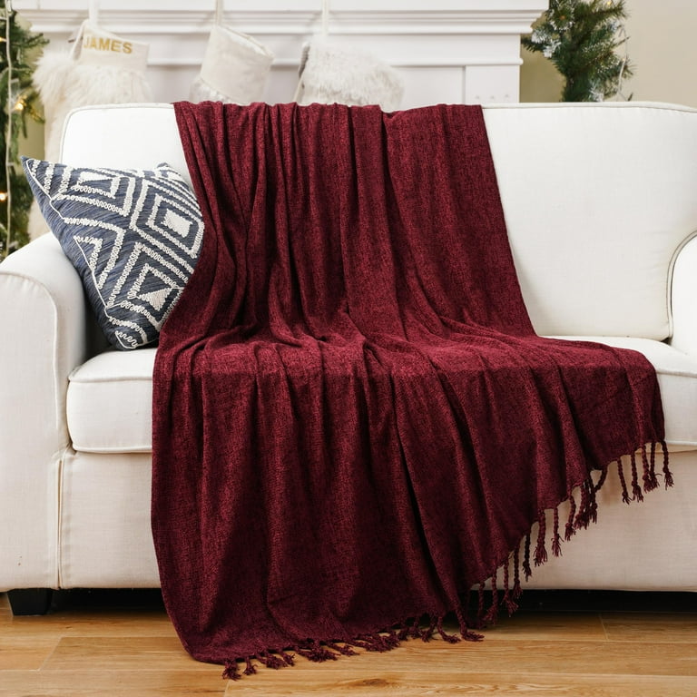 Battilo Home Burgundy Chenille Throw Blanket, Cozy Tassel