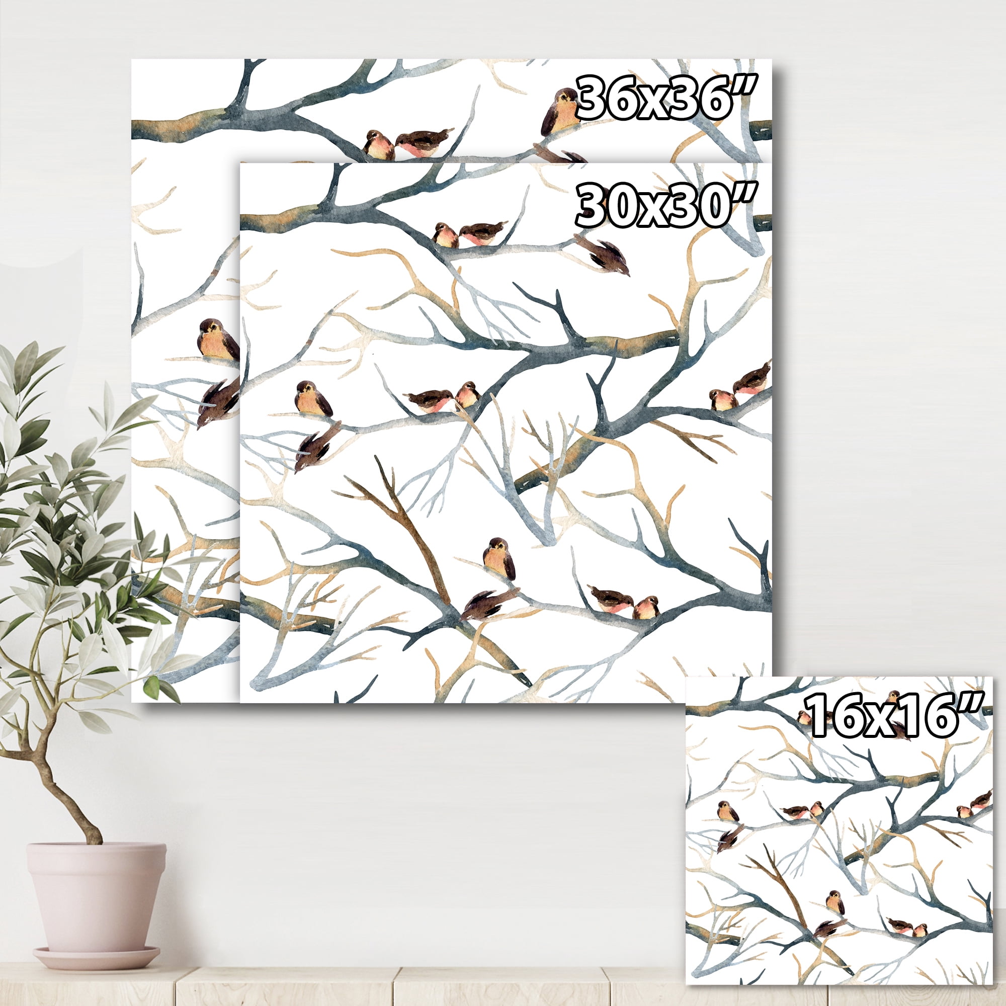 Little Birds Sitting On The Tree Branches I 30 in x 30 in Painting Canvas Art Print, by Designart
