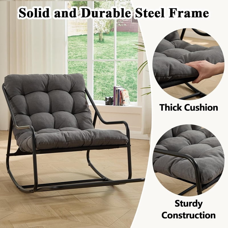 Outdoor Rocking Chair, Papasan Rocking Chair with Metal Frame, Comfy Rocker Lounge Chair for Living Room Porch Patio Garden