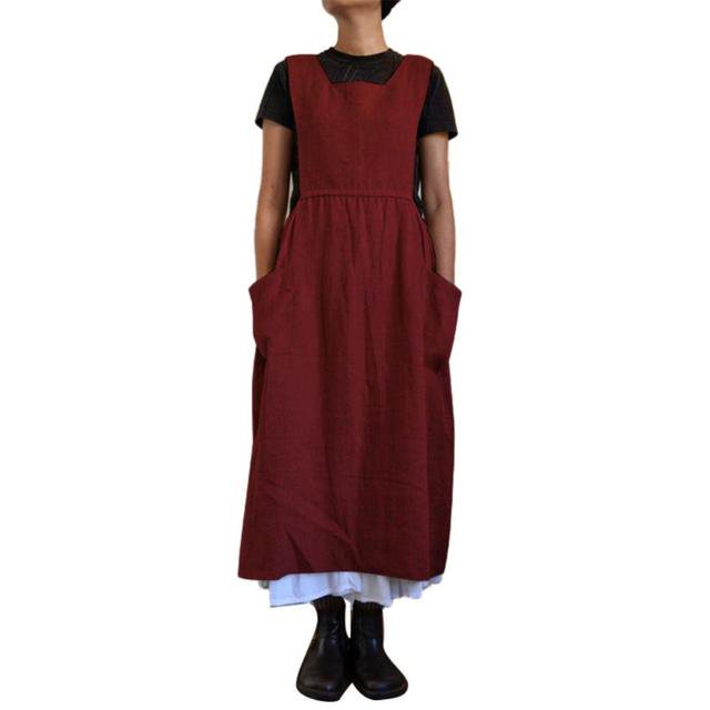 JUNWELL Robe d'Été Sans Manches pour Femmes, Col Carré, Poches, Coton Lin, Tablier Long, Robe Tablier, Vestidos Mujer