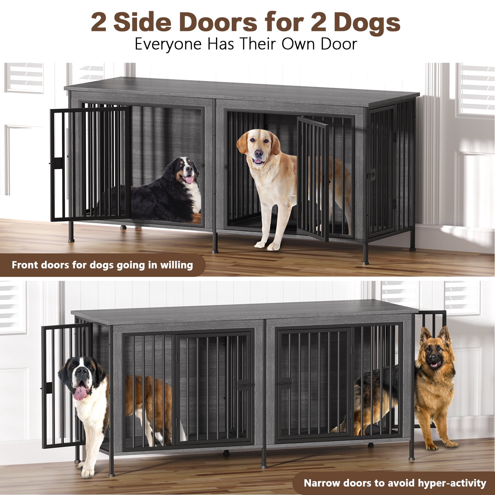 EasyCom 78" Dog Cage Furniture for 2 Dogs,Extra Large Double Dog Crate Furniture Large Breed,Wooden Dog Kennel Furniture TV Stand,Dark Gray