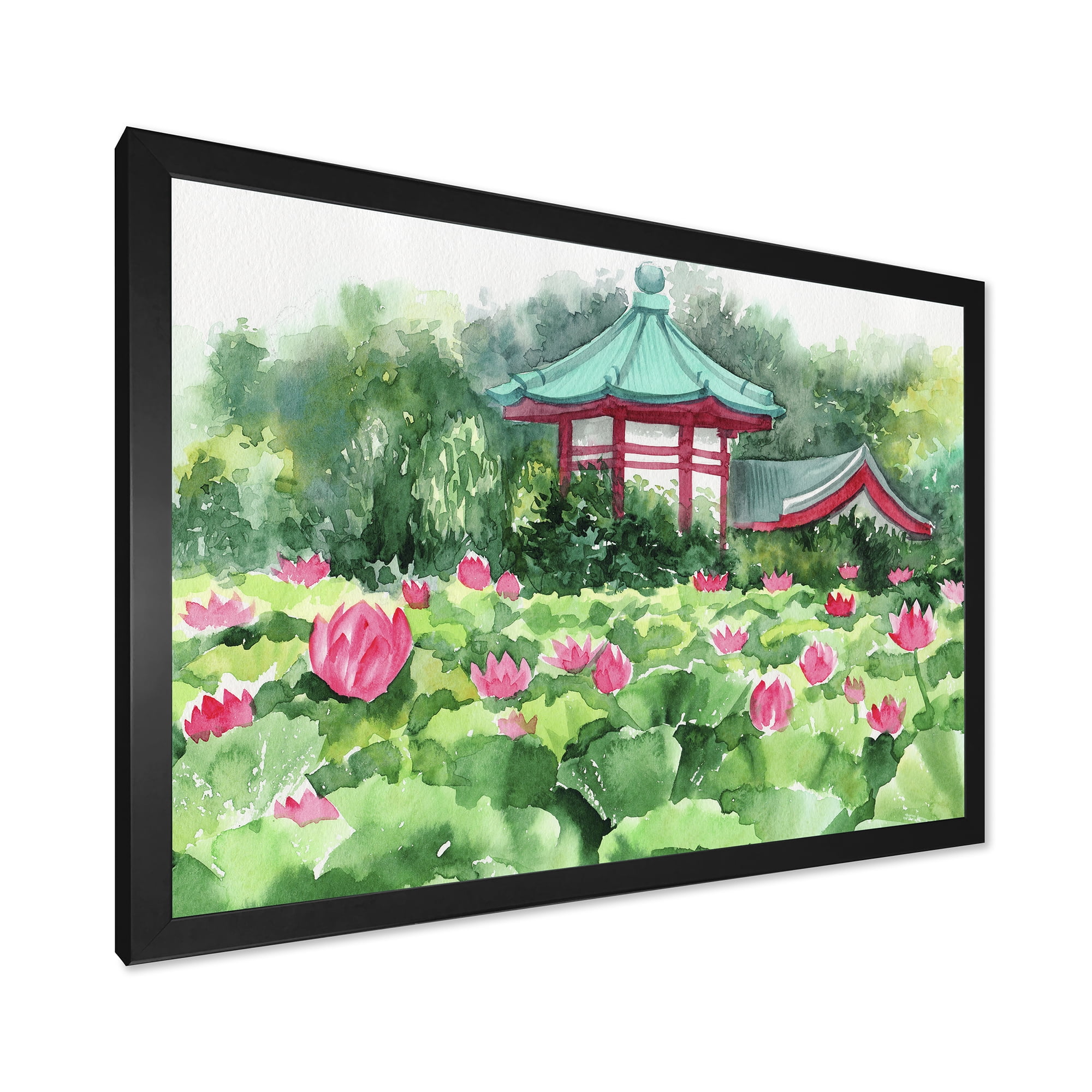 Designart 'Pagoda and Lotus Lake' Traditional Framed Art Print