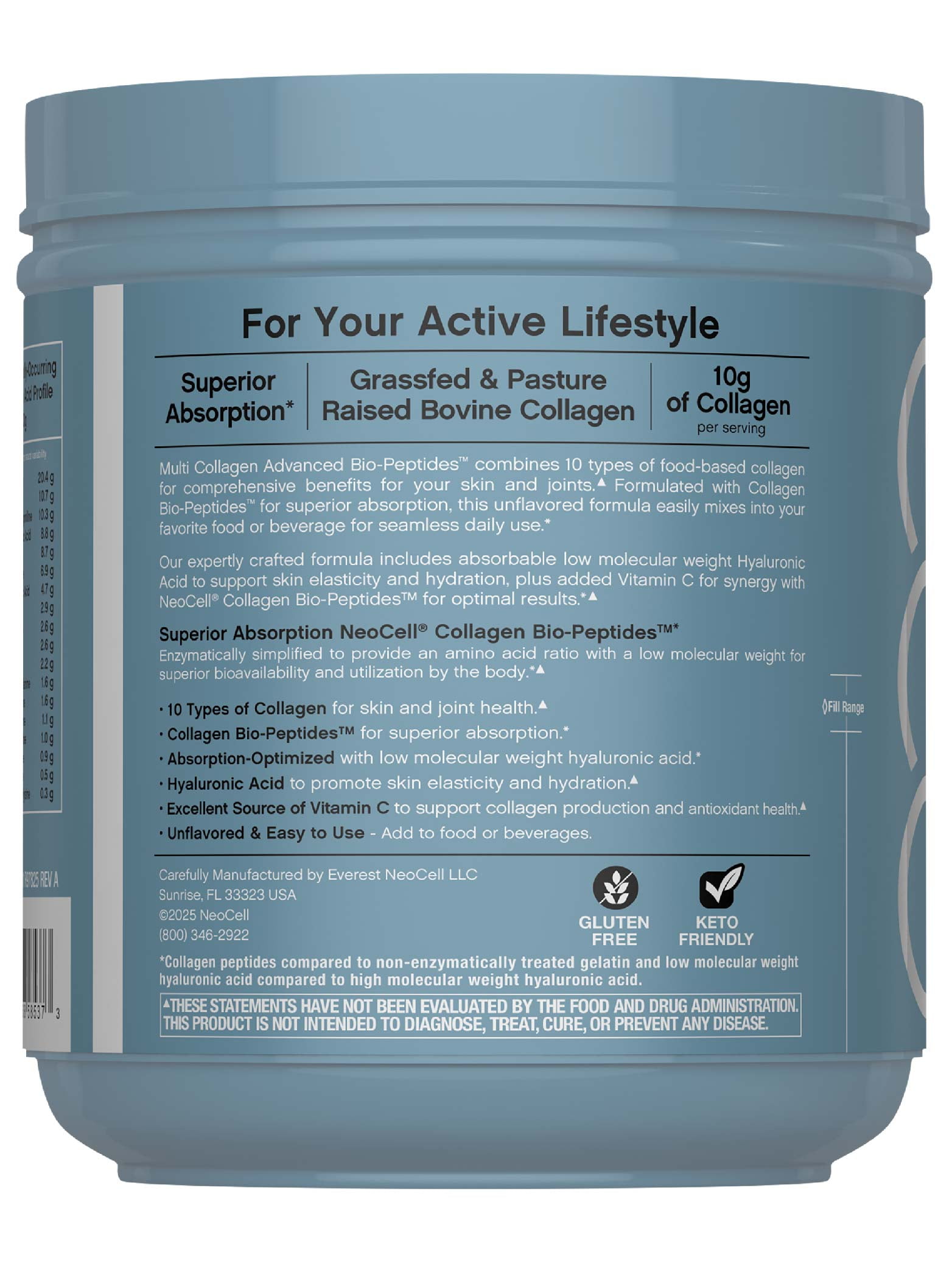 Multi Collagen Bio-Peptides Powder | 22oz with Hyaluronic Acid and Vitamin C | Grass fed Protein Supplement | by NeoCell