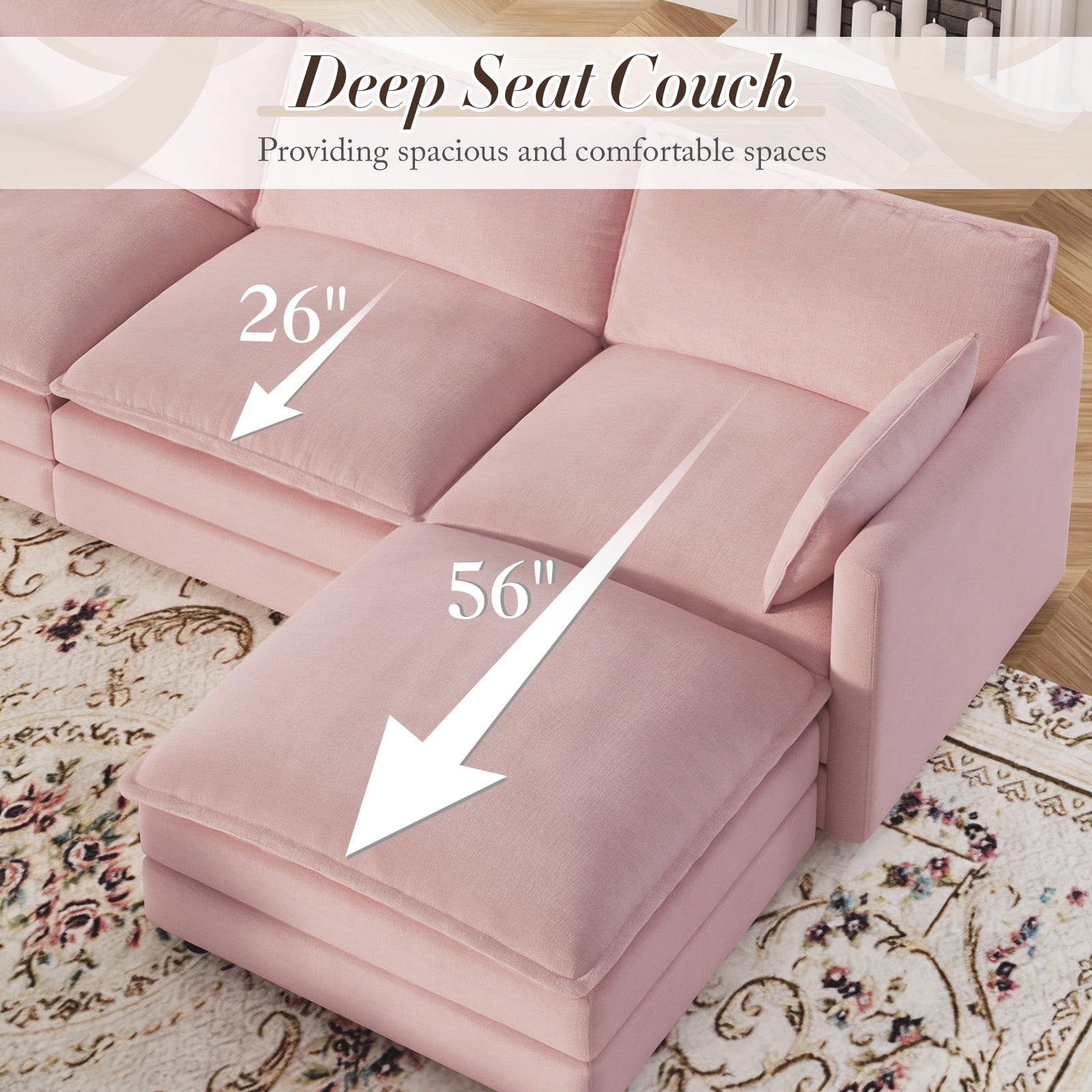 Muumblus Sectional Cloud Couch with Reversible Ottoman, L-Shaped Chenille Sofa for Living Room, Pink