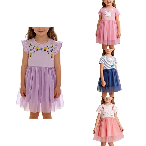 Loopsun Toddler Girls Short Sleeve Round Neck Solid Summer Casual Princess Dress Pink, 6-7 Years