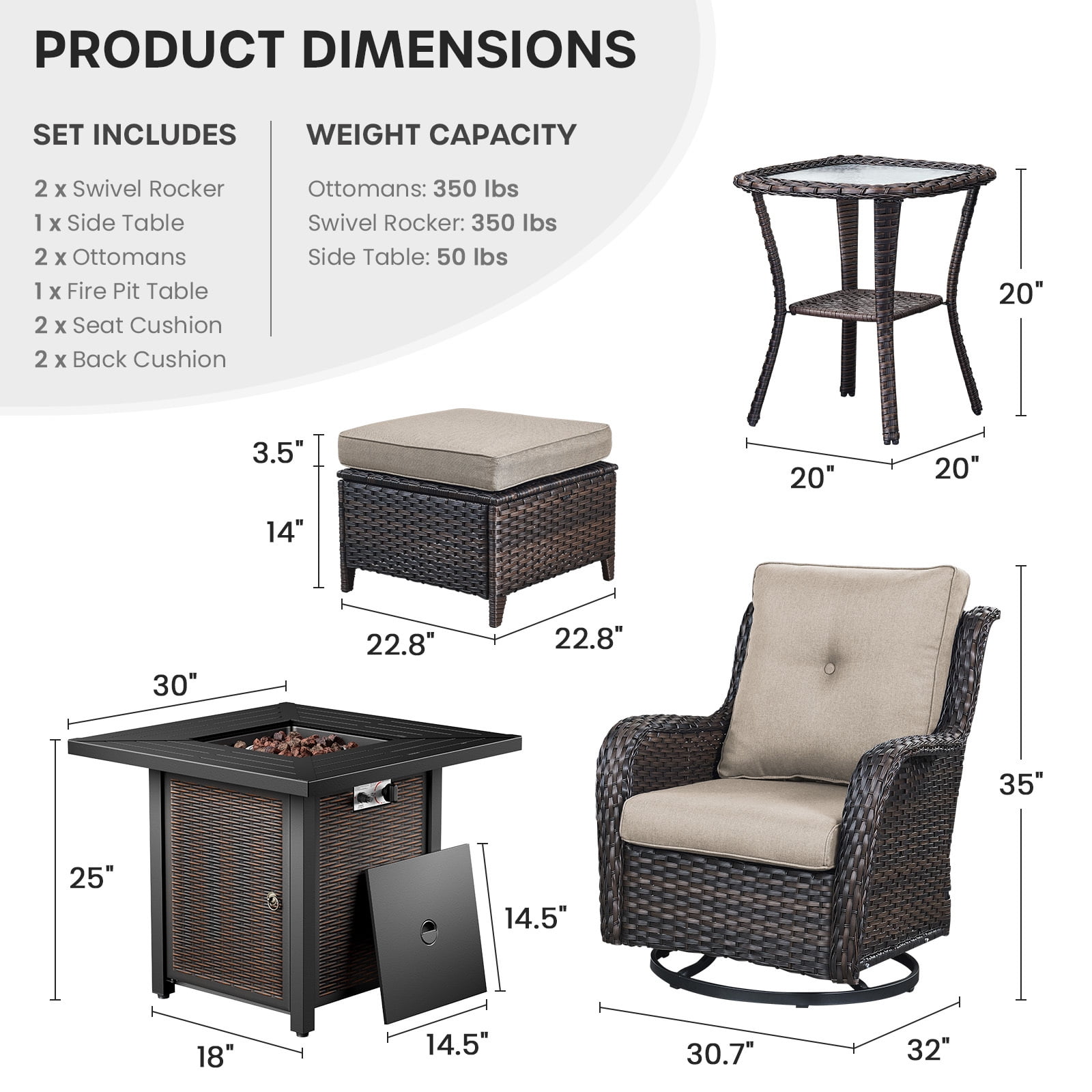 Bellefurn 6 Pieces Patio Furniture Sets with Fire Pit and Swivel Rocker Chairs,Outdoor Furniture with Fire Pit & Ottoman Outdoor Conversation Set for Porch Deck Backyard Poolside
