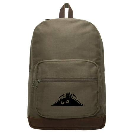 Peeking Monster Scary Eyes Teardrop Canvas Backpack w/ Leather Bottom and