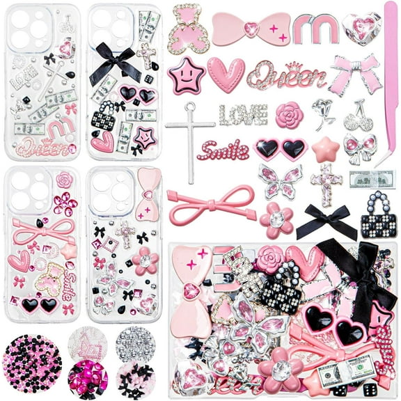 NestE - Junk case charms,Junk Phone Case Charms Kit,Pink Charms for Customizing Diy Cases,With Cute Bow,Flatback Pearls