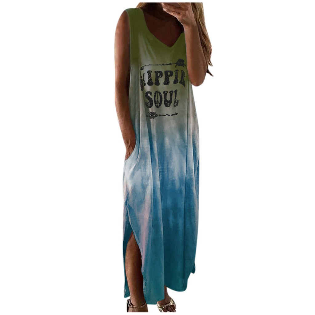 Hotkey Women Dresses Vintage Bohe O Neck Maxi Dress Sleeveless Casual Loose Summer Swing Tunic Tank Dress with Pocket
