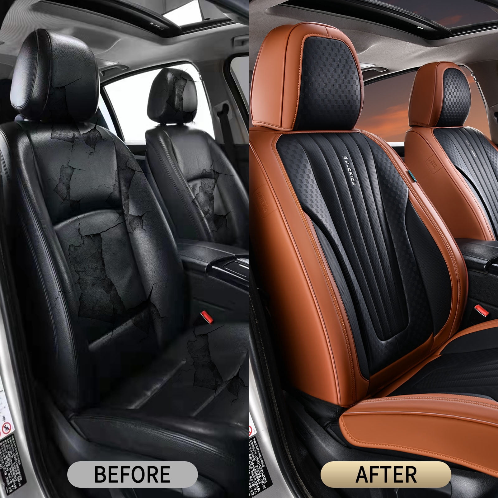 FLORICH Car Seat Covers, 2 Seats Waterproof Faux Leather Seat Cushions, Auto Protectors Universal Fit Most Cars, Black&Brown