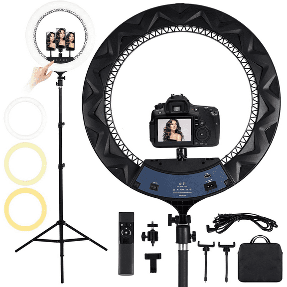 21 inch LED Ring Light with Tripod Stand 6000K Dimmable Makeup Selfie Light with Touch Panel Phone Holders for YouTube Vlog Video Shooting Include Carrying Bag and Remote Control CRI>90