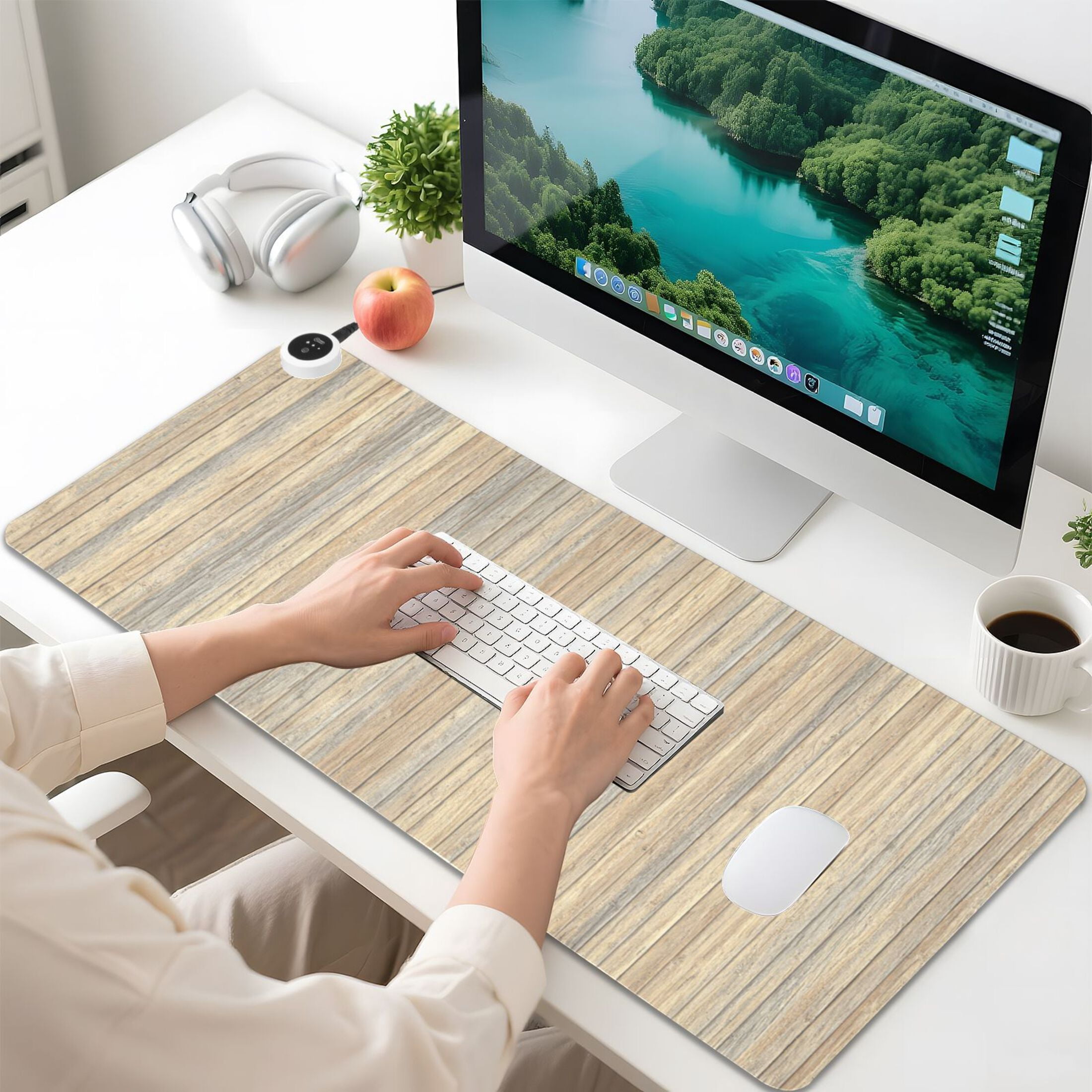 Large Heated Desk Mat Mouse Pad 31.5"x13"PU Leather Graphene Heating Desk Warmer with 3 Temperature Settings 110V US Plug Non-Slip Warm Pad for Home, Office, and Gaming Warm Beige Wood Pattern