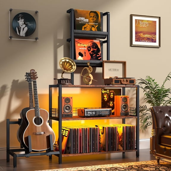 Winkalon Large Record Player Stand with LED Lights, Mid Century Vinyl Record Storage Stand Holds up to 400 LPs, Turntable Stand with Guitar Holder for Living Room Bedroom Office, Brown