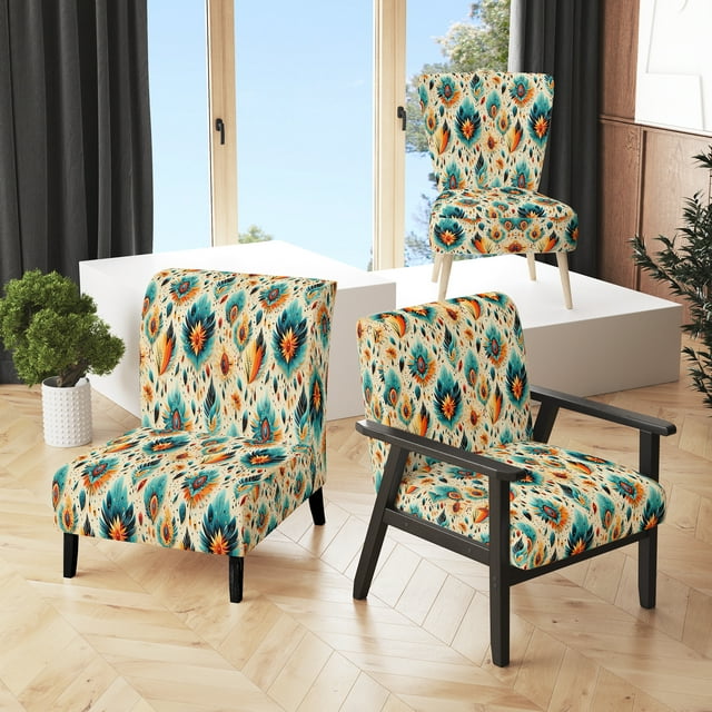 Designart "Earthy Nomadic Artwork" Beige Boho Upholstered Accent Chair - Bohemian & Eclectic Arm Chair For Living Room