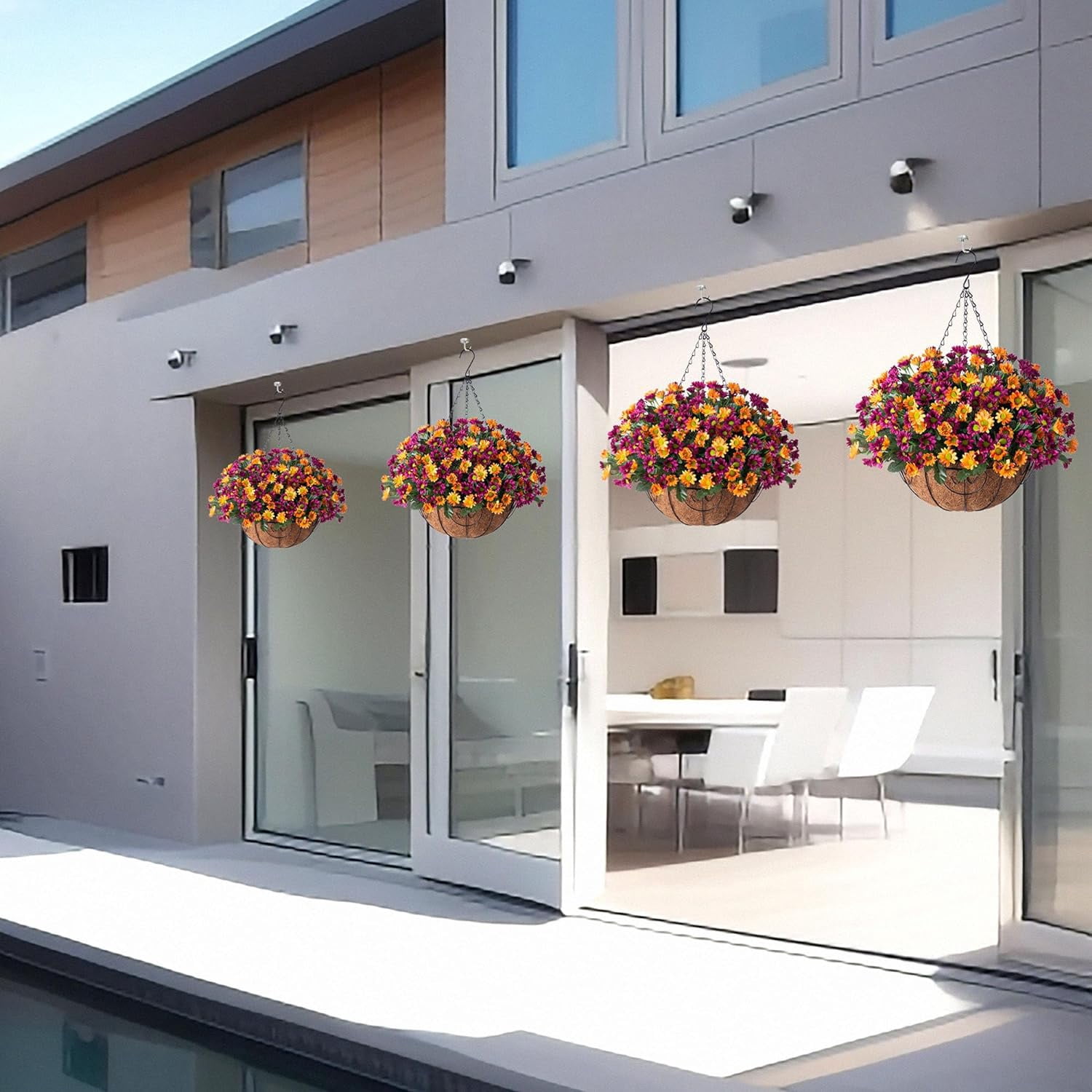Artificial Hanging Flowers in Basket Patio Garden Porch Deck Spring Summer Decor, Faux Chrysanthemum Arrangement Fake Plants ines Coconut Lining Basket of Outdoor/Indoor Decor