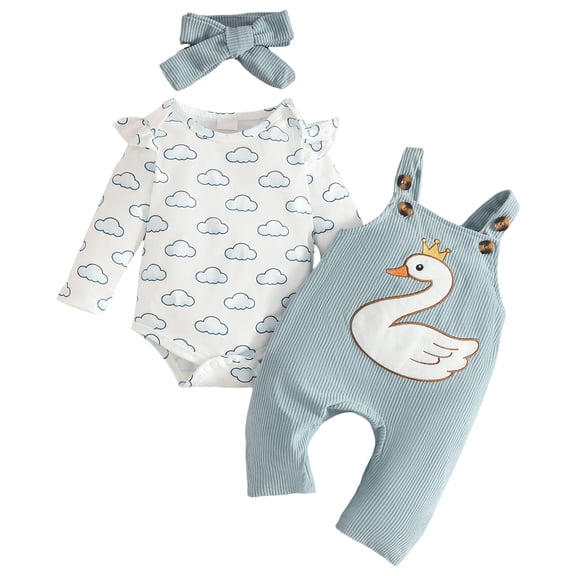masbird Baby Girl Clothes 0 3 6 9 12 18 24 Months Outfits Long Sleeve Knitted Romper & Suspender Pants & Headband Fall Winter 3Pcs(Sky Blue,6-12 M)