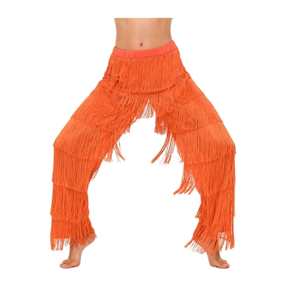 Sxiwei Women's Latin Dance Trousers Tassel Fringe Pants Ballroom Dance Professional Tango Salsa Orange XXL