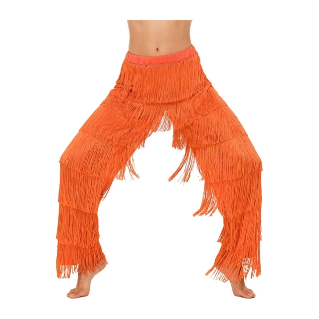 LiiYii Women's Fringe Latin Ballroom Dance Pants Salsa Tango Samba Rumba Dance Performance Orange 3XL