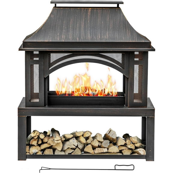 39" Fire Pits with Wood Storage for Outside, Large Wood Burning Outdoor Fireplace with Chimney, Mesh Spark Screen & Fire Poker, Idea for Backyard, Patio, Party, Camping, Picnic