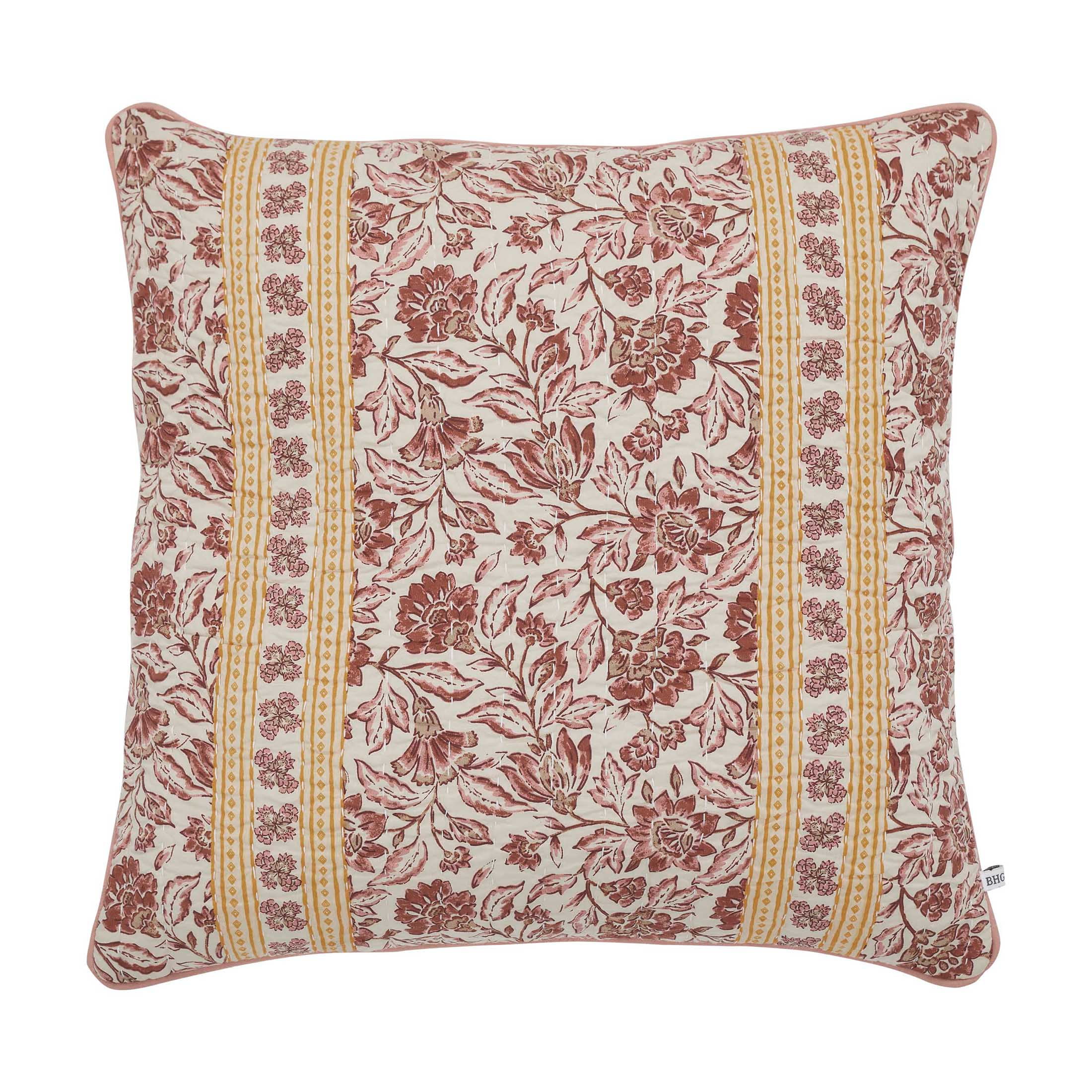 (2 pack) Better Homes & Gardens 20" x 20" Burgundy Red Block Print Floral Reversible Cotton Decorative Pillow