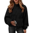 thumbnail image 3 of Women Coat Casual Lapel Full Zip Fleece Jacket Long Sleeve Oversized Warm Winter Outwear with Pockets Black XL, 3 of 7