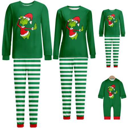 

Family Matching Christmas Pajamas The Grinch Green White Stripe Print Sizes for Adult-Kids-Baby-Pet 2-Piece Top and Pants Bodysuits Unisex Pajamas Set