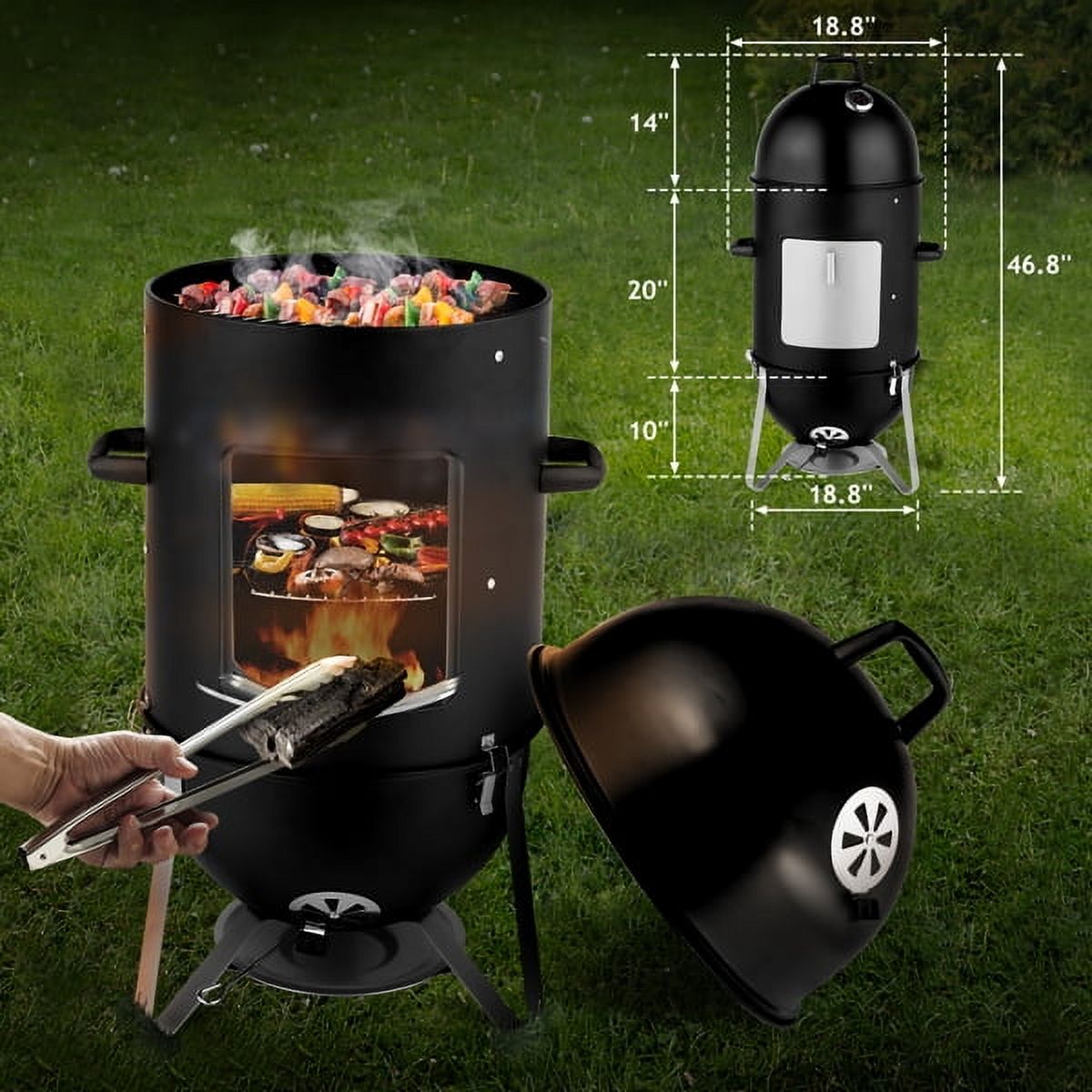 Vertical 18.5 Inch Steel Charcoal Smoker, 3 in 1Heavy Duty Round BBQ Grill for Outdoor Cooking