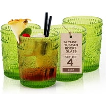Tuscan Rocks Glass Set - Olive, Dishwasher Safe, Chic Vintage Style - 8 oz - Ideal for Gin, Mixed Cocktails, Bourbon, Margaritas, Soft Drinks, Beer, Water - Mexican Style Glasses - Set of 4