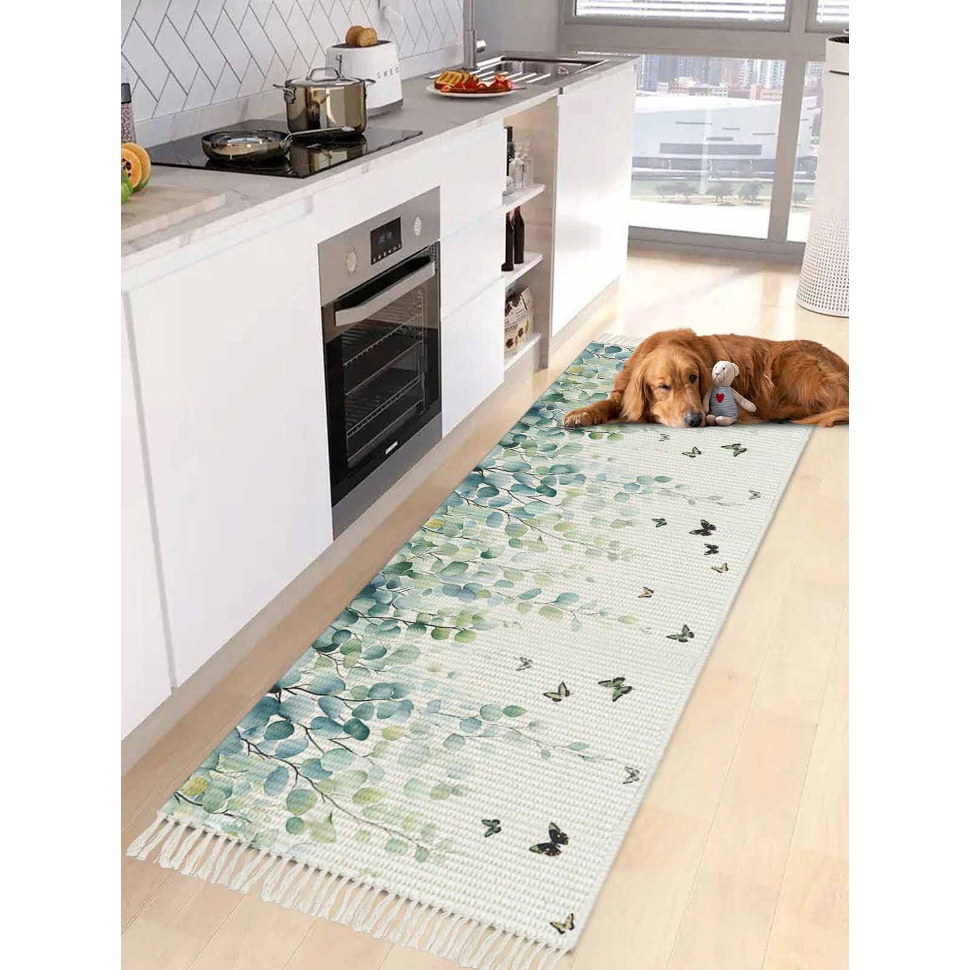 Blue Green Eucalyptus Entryway Runner Rug 2x4ft,Sage Gradient Leaves Butterfly Washable Woven Living Room Hallway Bedroom Kitchen Carpet with Tassels,Indoor Outdoor Throw Door Mat for Entryway