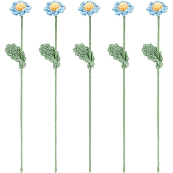 5 pcs Handmade Crochet Daisy Flower Light Sky Blue Artificial Daisy Bouquet Knitted Cotton Artificial Flowers with Iron Wire Crochet Daisy Flower for Home Wedding Decoration Flower Gift DIY