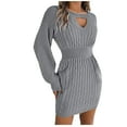 thumbnail image 3 of BiZtdJrK Women's Cable Knit Sweater Dress Cut Out Smocked Waist Long Sleeve Casual Sweaters Pencil Bodycon Mini Dresses Fall Winter Outfits Gray M, 3 of 7