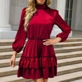 thumbnail image 5 of Zpanxa Summer Dresses for Women Fashion Causual Solid Satin Belt Turtleneck Cake Pleated Long Sleeves Round Neck Knee Dress Red XXL, 5 of 8