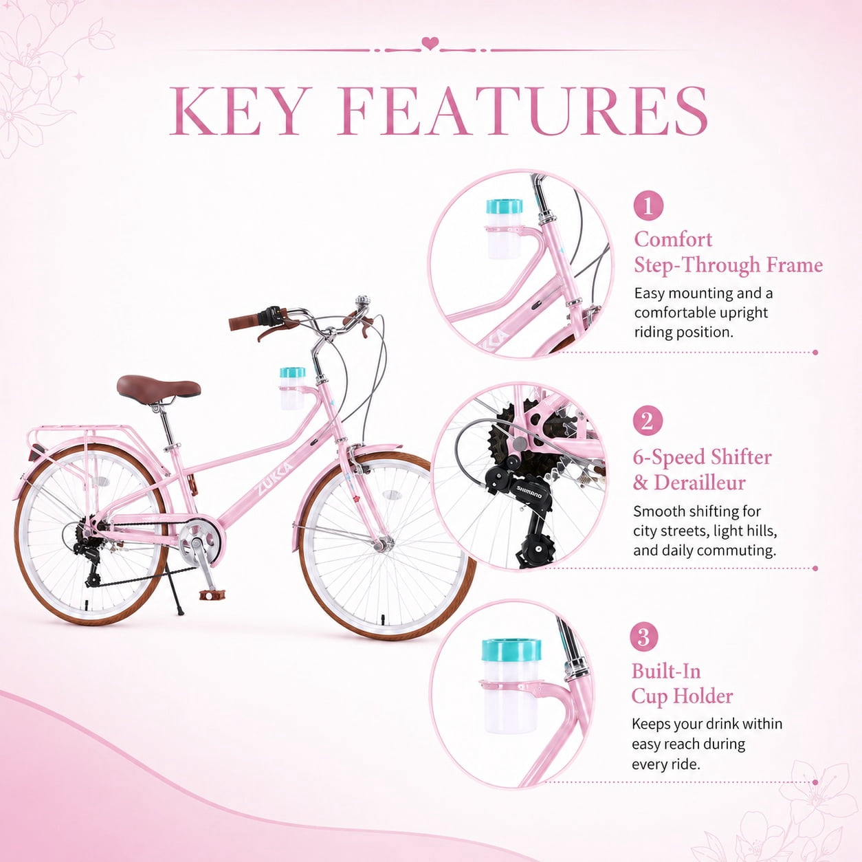 Aukfa 24 Inch Women's Cruiser Bike, 6-Speed Step-Through Commuter Bicycle with Cup Holder & Rear Rack,Pink