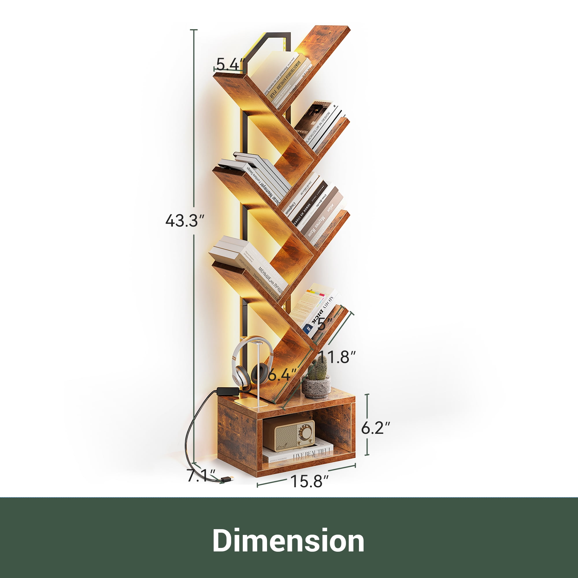 Casacomoda 6-Tier Tree Bookshelf with LED Light, Modern Corner Bookcase Display Shelf for Living Room, Bedroom & Home Office, Vintage