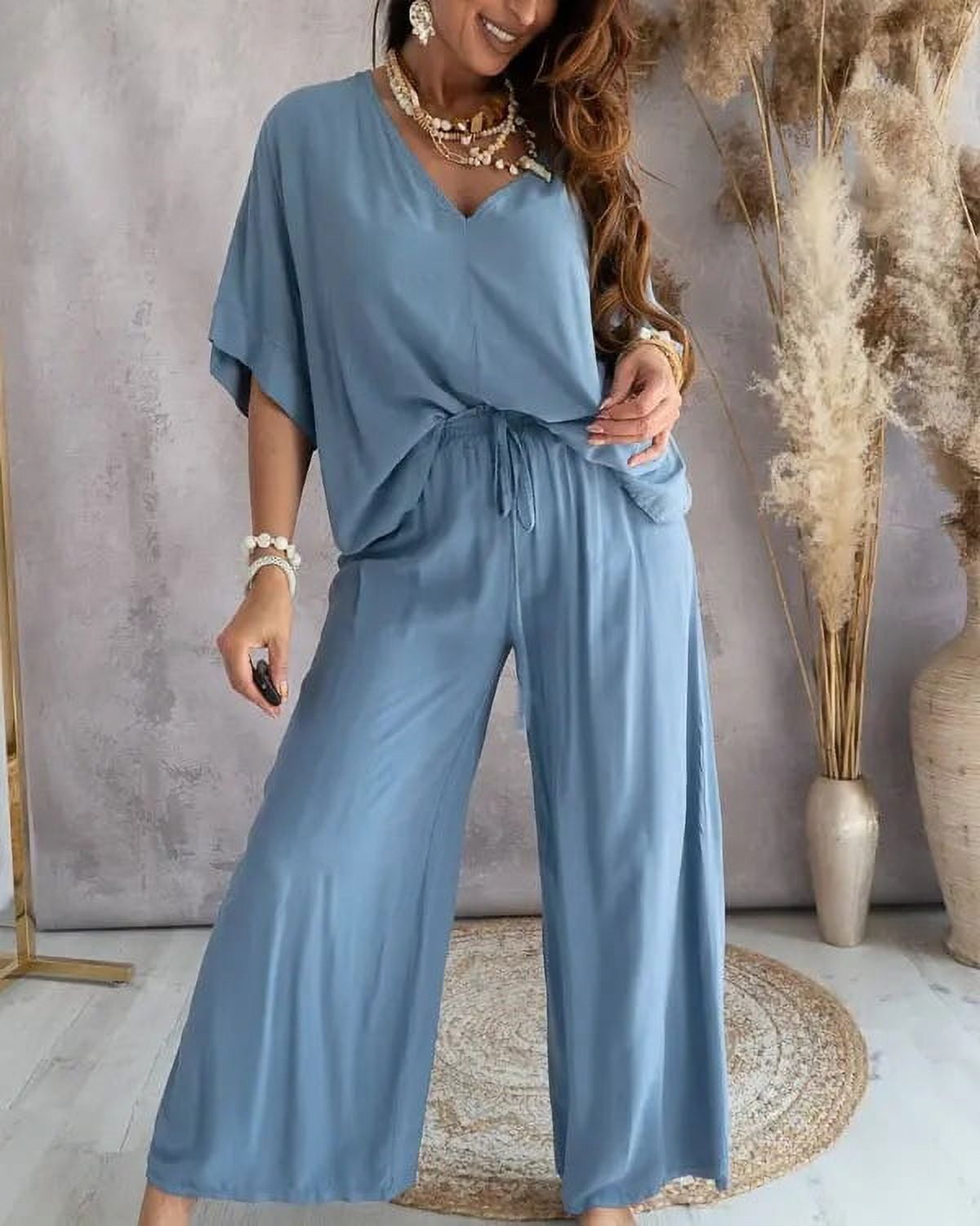 Summer Casual Loose Two Piece Set Women Fashion V-neck Pants Sets Women  Elegant Batwing Sleeve Homewear Outfits 2 Piece Sets - Walmart.ca