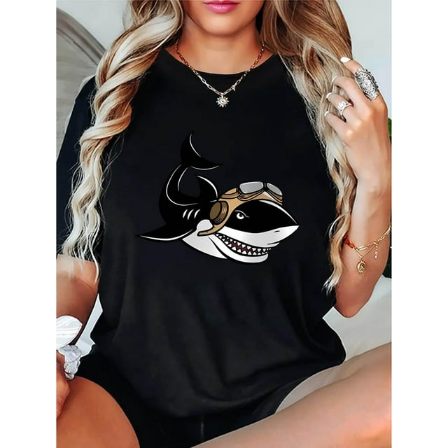 Camiseta estampada de tiburón con gafas para mujer: cuello redondo, manga corta, cómoda camiseta de verano de mezcla de algodón, lavable a máquina, ideal para deportes de ocio.