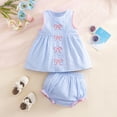 thumbnail image 2 of Leey-World Summer Outfits for Toddler Girls Toddler Baby Girls Striped Short Set Sleeveless Tank Top with Bow Embroidery Ruffled Bloomer 2 Piece Summer Outfits(Blue,18-24 Months), 2 of 6