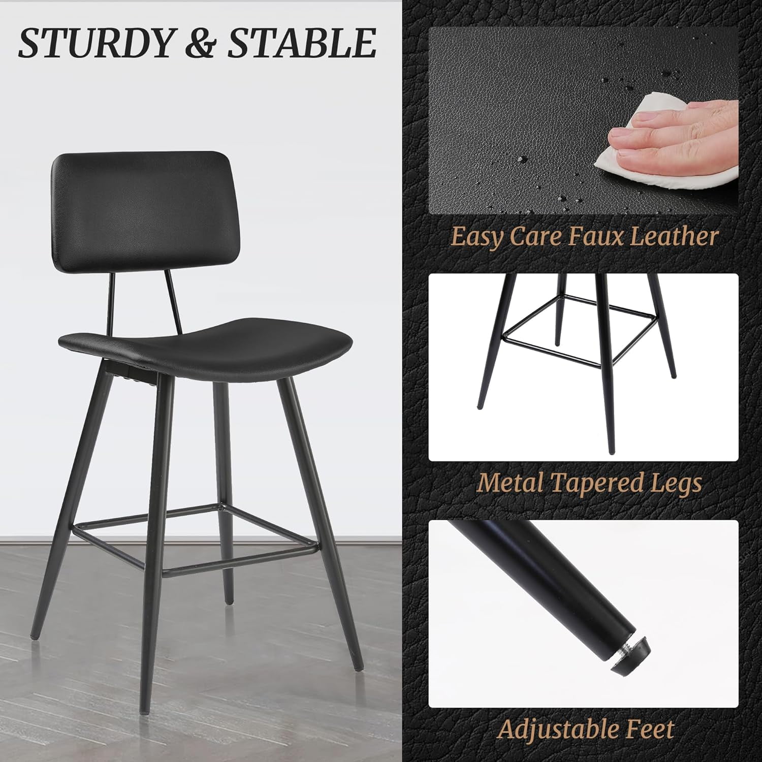 Dycanpo 24.5" Counter Height Bar Stools Set of 2, Faux Leather Upholstered Barstools, Black