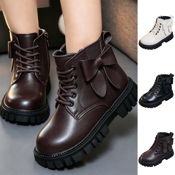 Girls Lace up Ankle Martin Boots with Side Bow, Little Kids Side Zipper Faux Leather Short Booties Fashion Soft Non Slip Princess Boots for Little Girls Daily Wear White 3 Big Kids(36)