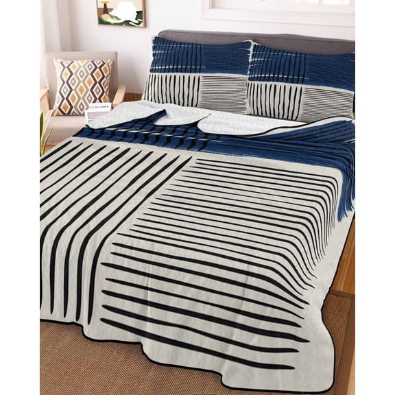 Navy Blue Striped Full Size Down Alternative Comforter, Lightweight Comforter Quilt Bedding Set with Pillow Shams Farmhouse Stripes Modern Abstract Art All Seasons Bed Comforter Duvet Insert 78"x90"