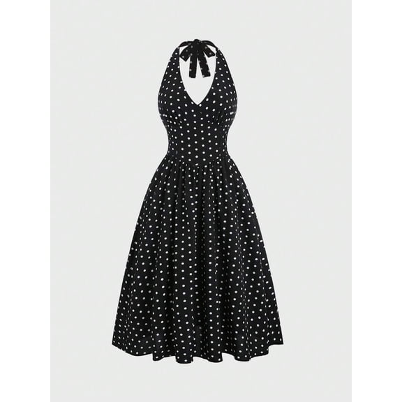Women's Halter V-Neck Dress Backless Cinched Waist Flared Elegant Summer