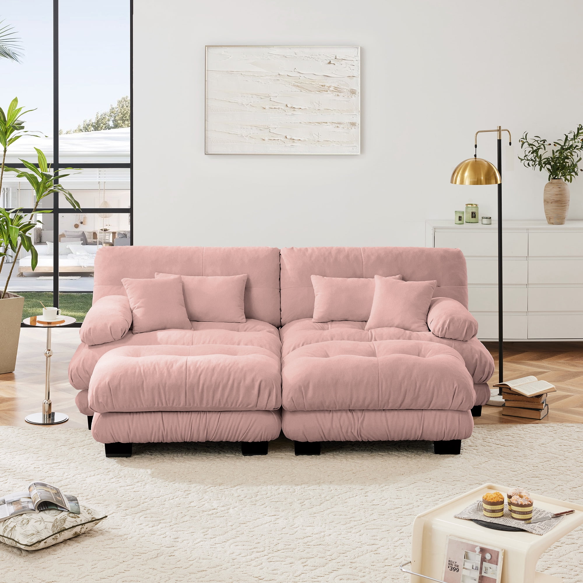 KYLE & KAY 94"Loveseat Sofa, Chenille 2 Seater Cloud Couch with 4 Soft Pillows, Upholstered Deep Seat Sleeper Sofa with 2 Ottomans for Living Room, Apartment, Office, Pink