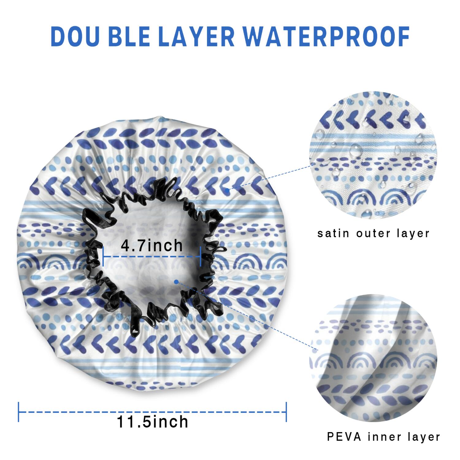 Shower Caps,Blue Striped Geometric Pattern Waterproof Shower Cap for Women 4 Pieces,Double Reusable Hair Cover for Shower PEVA Elastic Stretch Hem