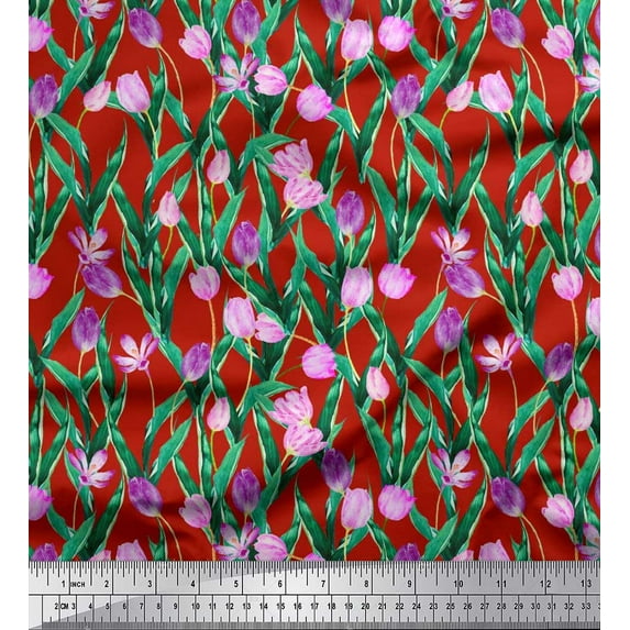 Soimoi Moss Georgette Fabric Leaves & Tulip Floral Fabric Prints by Yard 42 Inch Wide