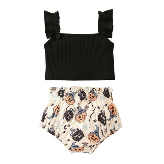 Mercatoo Toddler Baby Girl Halloween Outfit Crop Ribbing Tops and Pumpkin Shorts 2Pcs Set 𝐍ewBorn Casual Clothes