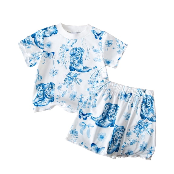 Yuncity Girls 2 Piece Outfit Summer Crew Neck Short Sleeve Butterfly Print Style Kids Outfit For Everyday Wear Short Sleeve Tee And Shorts Clothes Set Size 6-12 Months Blue