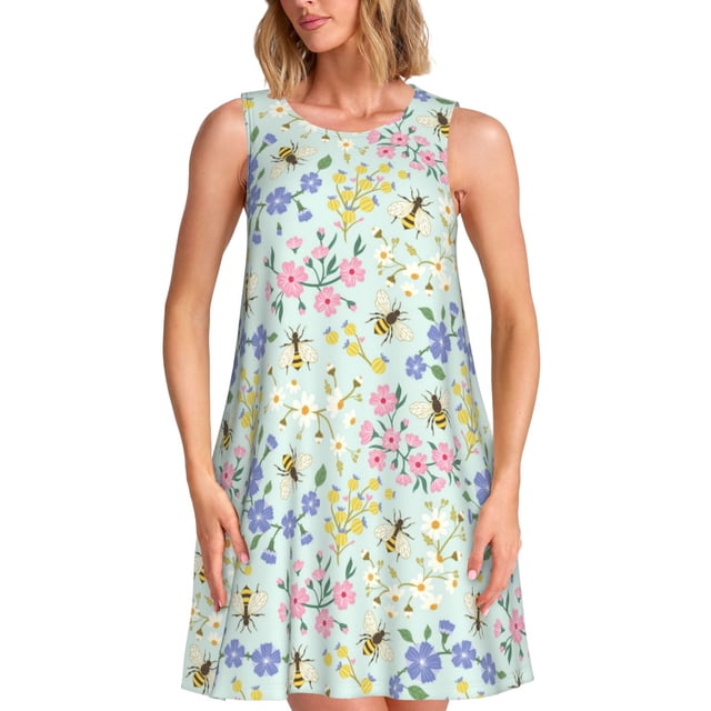 Balery Honey Bees And Flowers Vestidos de verano para mujer con estampado: vestido holgado sin mangas, vestido playero informal y cómodo para días calurosos.